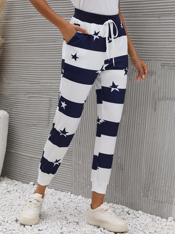 LUNE Star Print Tie Waist Slant Pocket Pants
