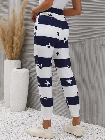 LUNE Star Print Tie Waist Slant Pocket Pants