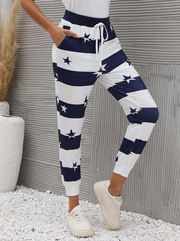 LUNE Star Print Tie Waist Slant Pocket Pants