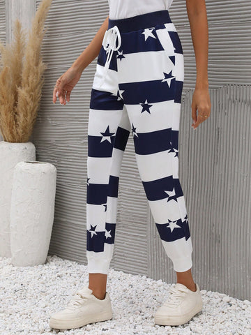 LUNE Star Print Tie Waist Slant Pocket Pants