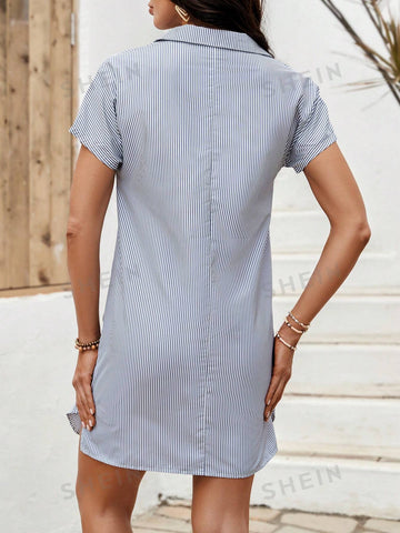 Stripe Twisted Front Button-Up Dress
