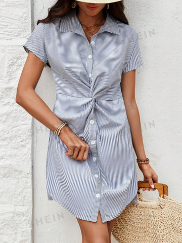 Stripe Twisted Front Button-Up Dress