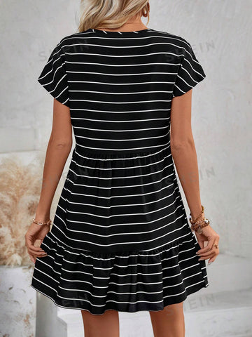 Striped Button Detail Ruffle Hem Dress