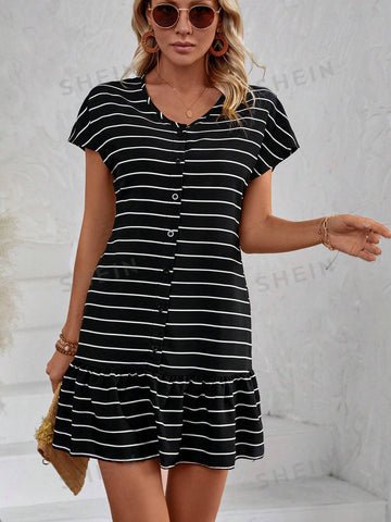 Striped Button Detail Ruffle Hem Dress
