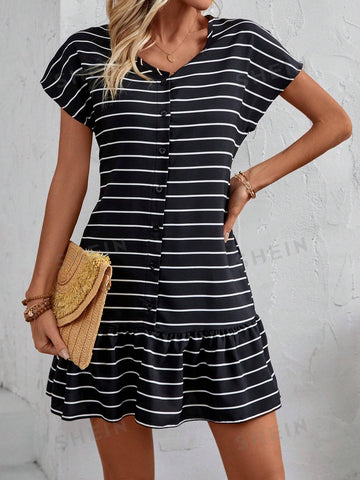 Striped Button Detail Ruffle Hem Dress