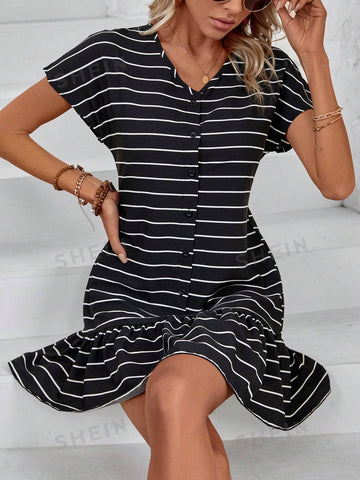 Striped Button Detail Ruffle Hem Dress