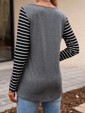 Striped Print Button Detail Tee