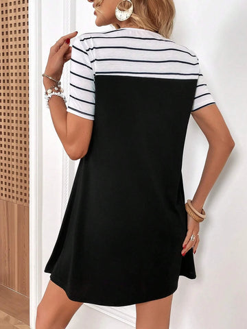 Striped Print Pocket Patched Tee Dress