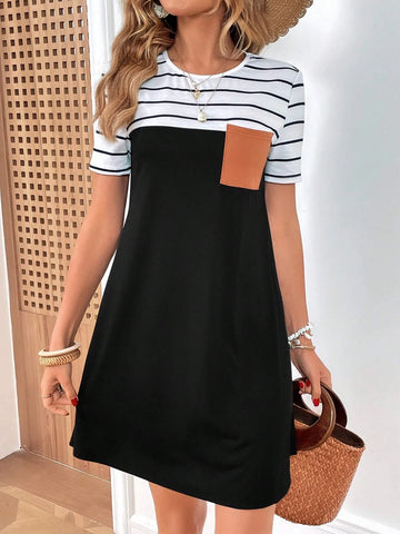 Striped Print Pocket Patched Tee Dress