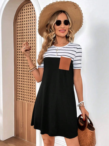 Striped Print Pocket Patched Tee Dress