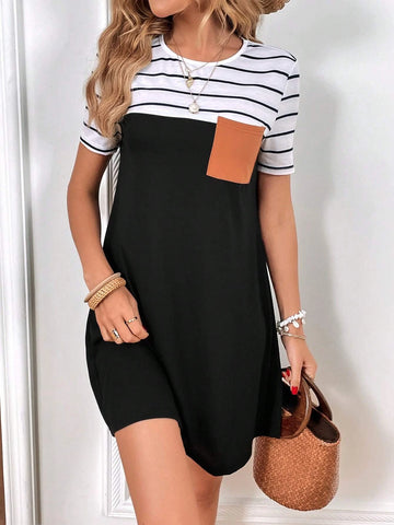 Striped Print Pocket Patched Tee Dress