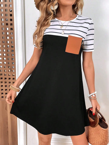 Striped Print Pocket Patched Tee Dress