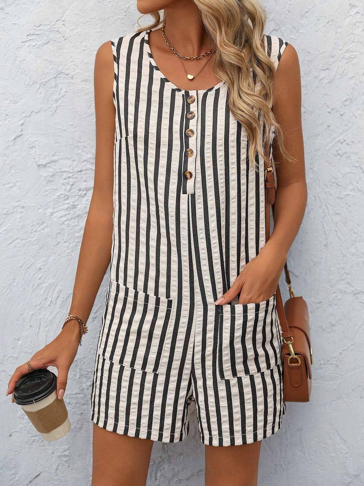 Striped Printed Sleeveless Round Neck Jumpsuit With Pockets