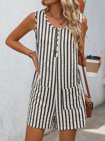 Striped Printed Sleeveless Round Neck Jumpsuit With Pockets