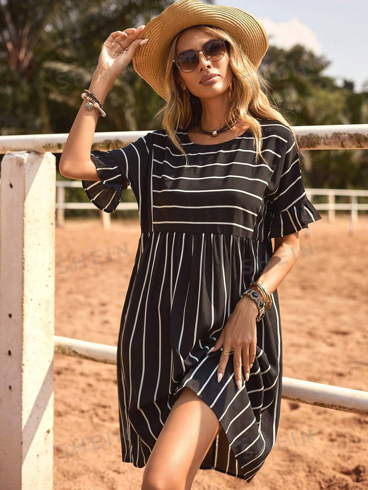 Striped Round Neck Ruffle Trim Decorated Shift Dress