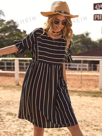 Striped Round Neck Ruffle Trim Decorated Shift Dress