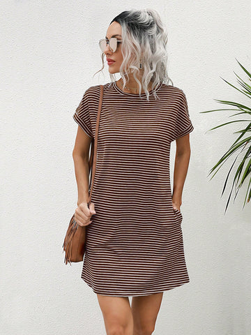 Striped Short Sleeve Casual Dress, Simplistic & Fashionable For Daily Wear