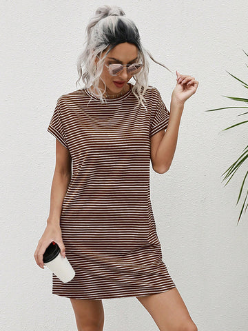 Striped Short Sleeve Casual Dress, Simplistic & Fashionable For Daily Wear