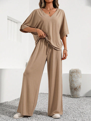 Summer Apricot T-Shirt And Knitted Pants Women's 2-Piece Set