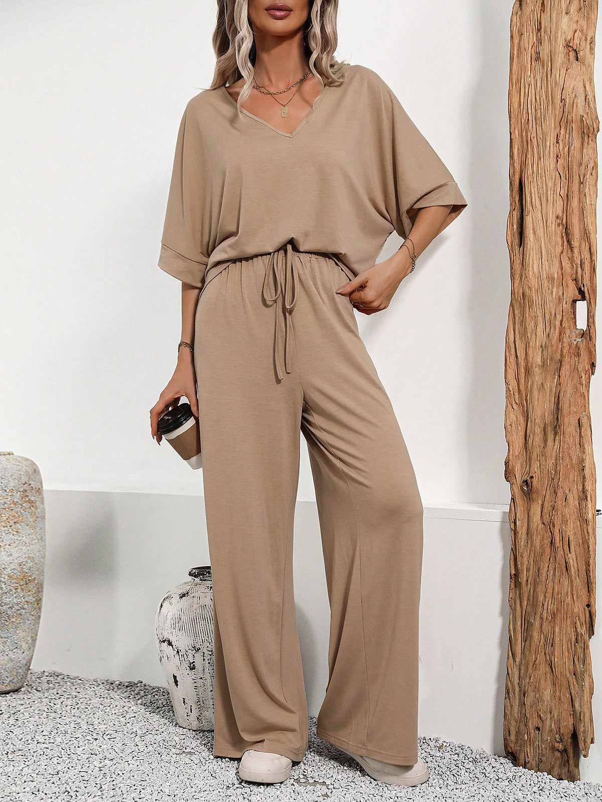 Summer Apricot T-Shirt And Knitted Pants Women's 2-Piece Set