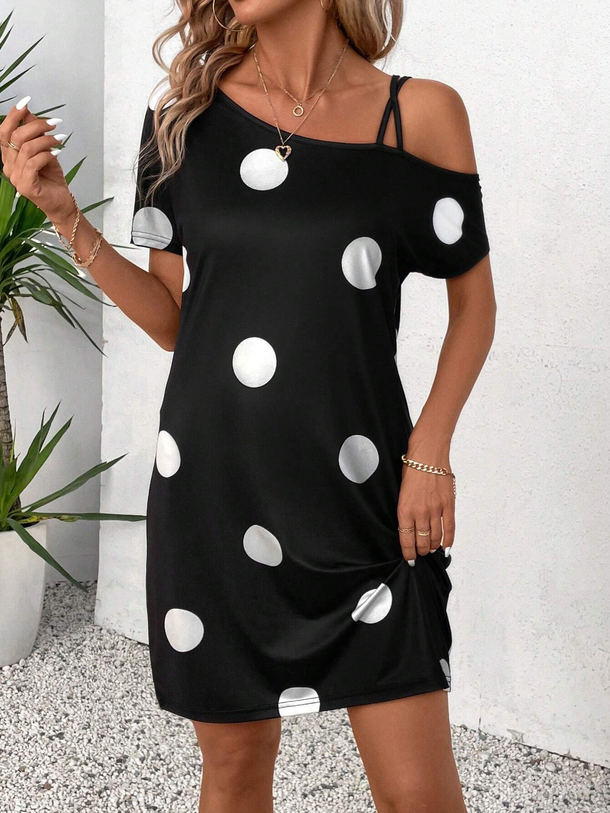 Summer Black Casual Short Polka Dot Dress For Teachers, Back-To-School Party Or Musical Event For Women
