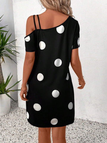 Summer Black Casual Short Polka Dot Dress For Teachers, Back-To-School Party Or Musical Event For Women