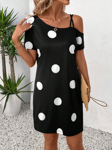 Summer Black Casual Short Polka Dot Dress For Teachers, Back-To-School Party Or Musical Event For Women