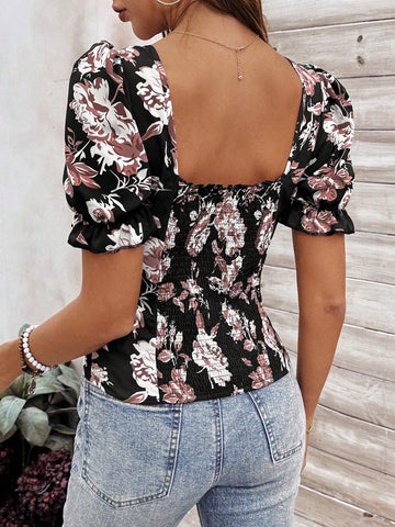 LUNE Summer Black Puff Sleeve Floral Print Backless Ladies' Shirt