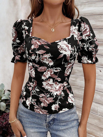 LUNE Summer Black Puff Sleeve Floral Print Backless Ladies' Shirt