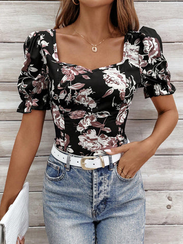 LUNE Summer Black Puff Sleeve Floral Print Backless Ladies' Shirt