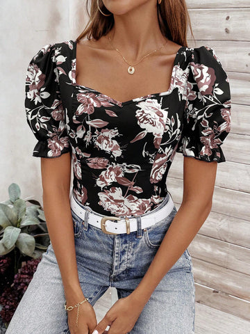 LUNE Summer Black Puff Sleeve Floral Print Backless Ladies' Shirt