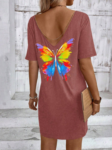 Summer Boat Neck Butterfly Printed Backless Casual Short Sleeve Dress