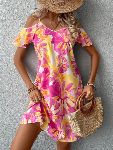 Summer Casual Floral Print Off-Shoulder Neckline Dress With Random Print For Vacation