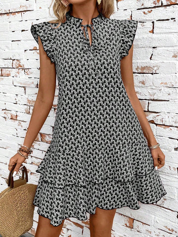 Summer Casual Full Print Tie Neck Ruffle Hem Decorated Side Dress