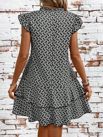 Summer Casual Full Print Tie Neck Ruffle Hem Decorated Side Dress