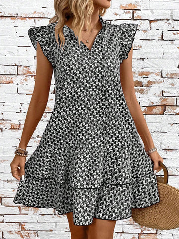 Summer Casual Full Print Tie Neck Ruffle Hem Decorated Side Dress