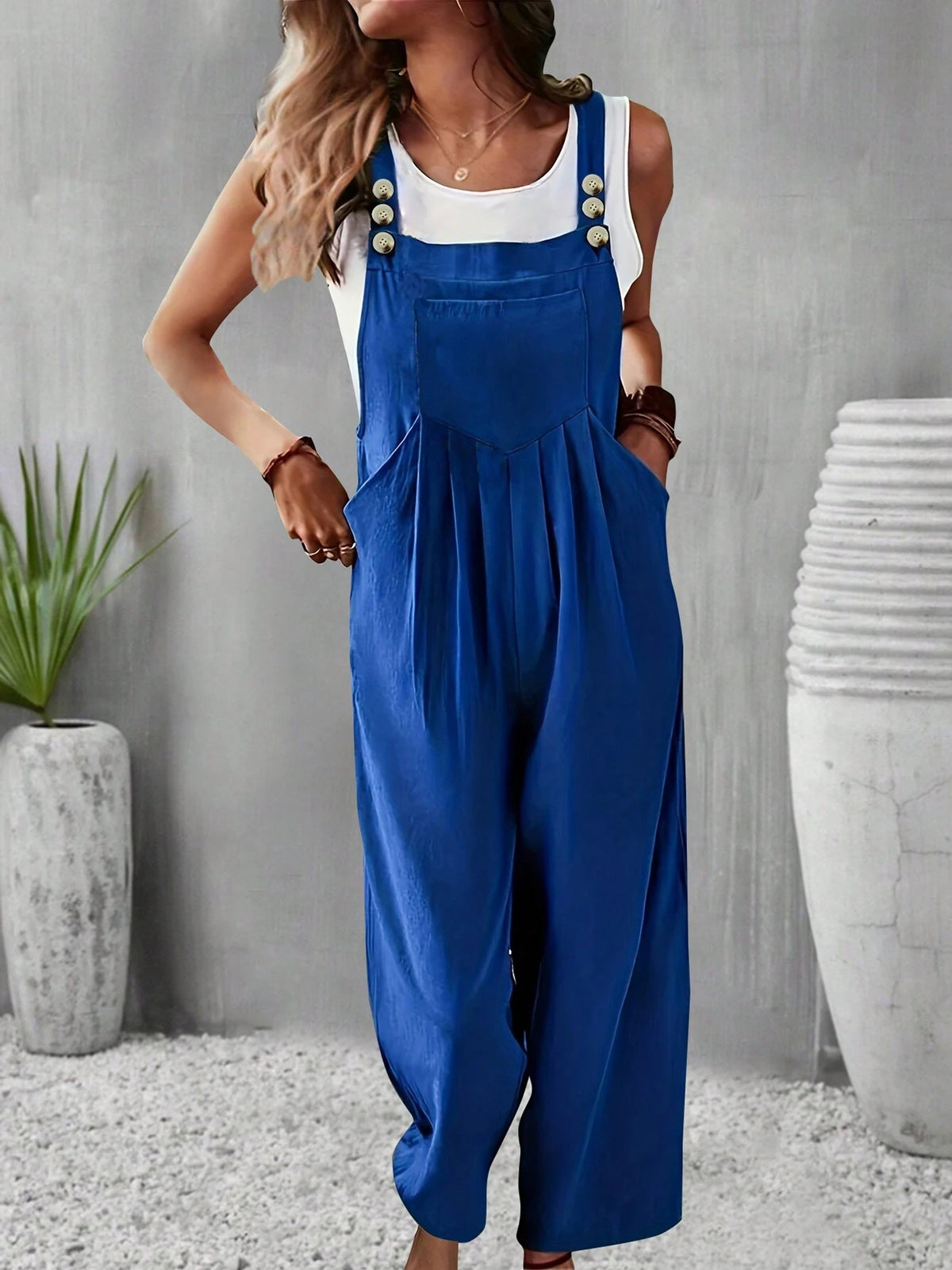 Summer Casual Pleated Button Suspender Shorts