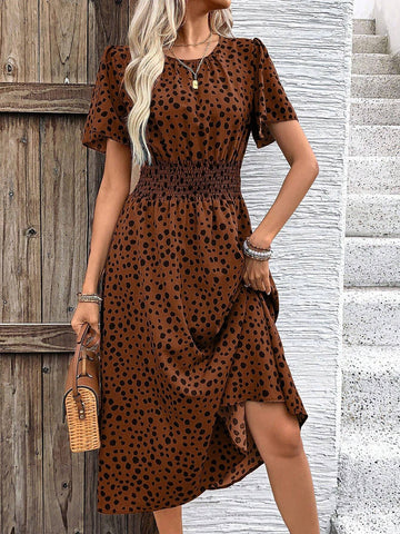 Summer Casual Polka Dot Printed Elastic Waist Short Sleeve Dress