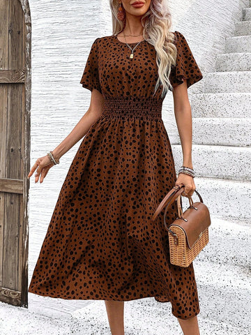 Summer Casual Polka Dot Printed Elastic Waist Short Sleeve Dress