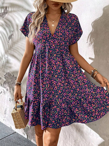 Summer Casual Short Purple Dress With Ditsy Floral, Suitable For Vacation, Back To School And