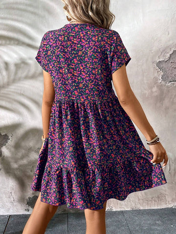 Summer Casual Short Purple Dress With Ditsy Floral, Suitable For Vacation, Back To School And