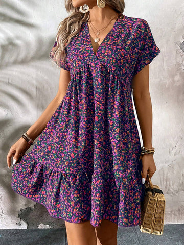 Summer Casual Short Purple Dress With Ditsy Floral, Suitable For Vacation, Back To School And