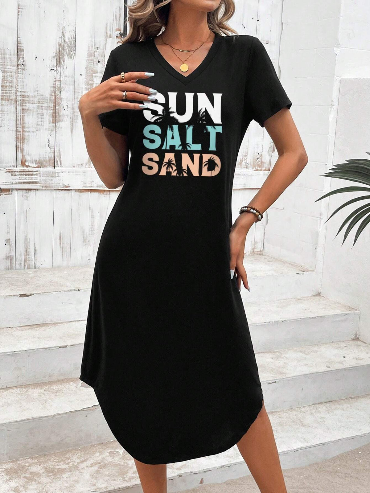 Summer Casual Simple Letter Printed V-Neck Short Sleeve Bodycon Dress