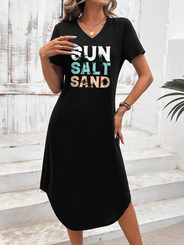 Summer Casual Simple Letter Printed V-Neck Short Sleeve Bodycon Dress