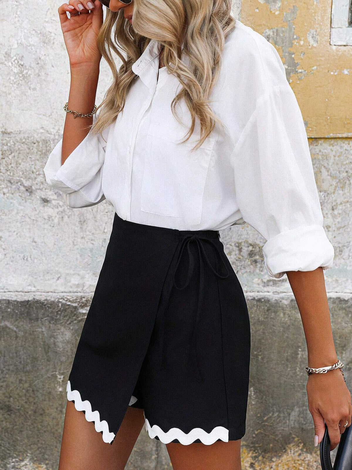 LUNE Summer Casual Simple Teacher Work Clothes Back-To-School Festival Black Shorts Patchwork Women's Shorts