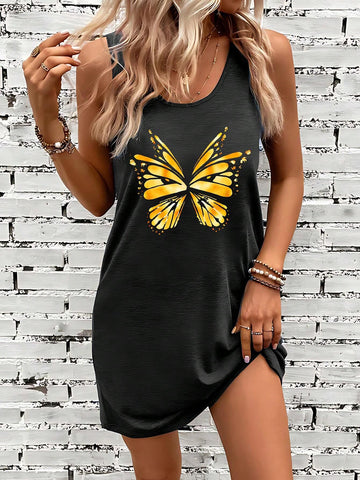 Summer Casual Sleeveless Butterfly Pattern Printed Women's Dress, Creative Design