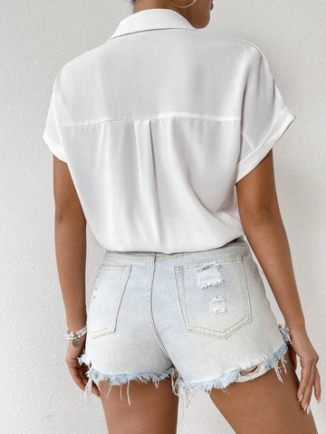 Summer Casual Solid Color Front Button Batwing Sleeve Stitching Shirt Jumpsuit