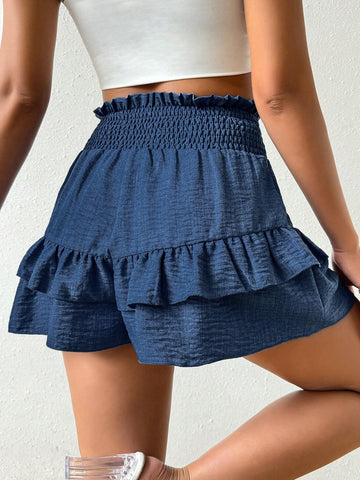 LUNE Summer Casual Solid Color Ruffles Drawstring Waist Shorts