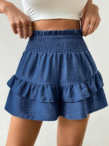 LUNE Summer Casual Solid Color Ruffles Drawstring Waist Shorts