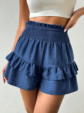 LUNE Summer Casual Solid Color Ruffles Drawstring Waist Shorts